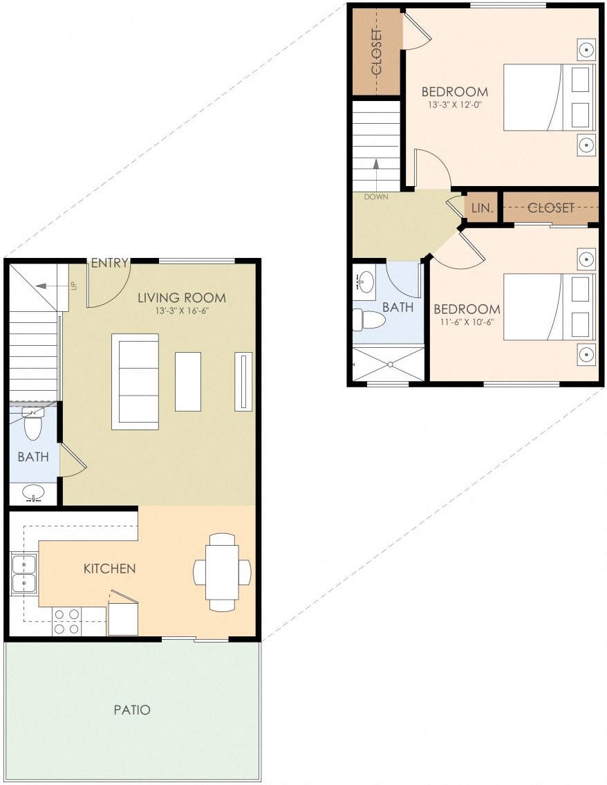 Floor plan for 2 beds, 1.5 baths, 848 sqft